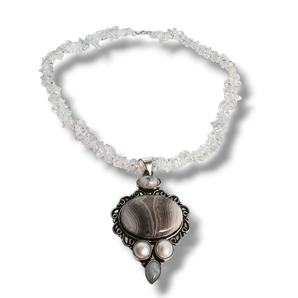 Botswana agate Quartz Pearl Beaded Necklace Genuine Gemstone Sterling Silver 925